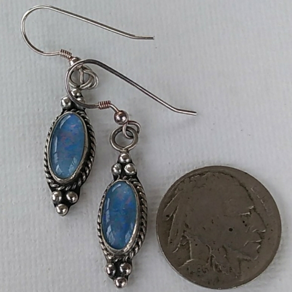 Singed Native American Sterling Silver Blue Opal Drop Earrings VINTAGE - Picture 7 of 8